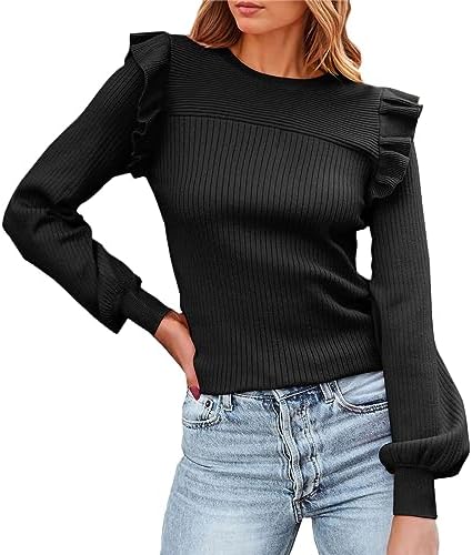 Suéter Punto Cuello Redondo Color Sólido Retro Para Mujer - Manga Larga Otoño 2024, Jersey Cálido Con Flores 3D, Acrílico Suave, Tallas S A XL