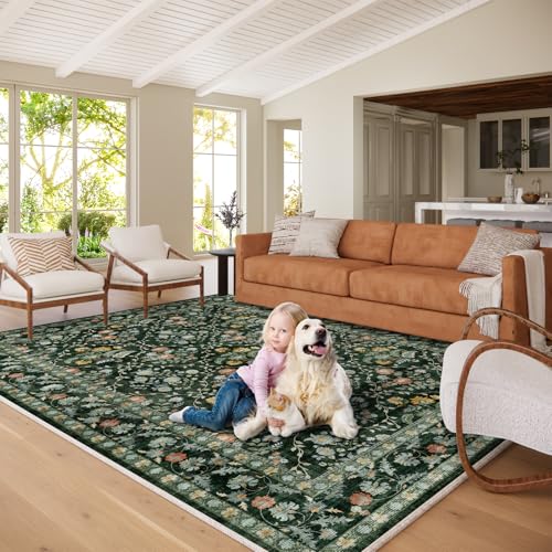 Image of Vintage Botanical Dark Green Area Rug 8x10 Elegant Floral Pattern, Durable Stain-Resistant Fabric, Perfect for Living Room, Bedroom, Dining Room Decor