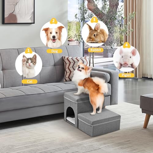 Couleeur Haustiertreppe für Hunde und Katzen,2 Stufen Hundetreppe,rutschfeste Hundetreppe für Kleine Hunde faltbar mit Stauraum für Katzen Dogs