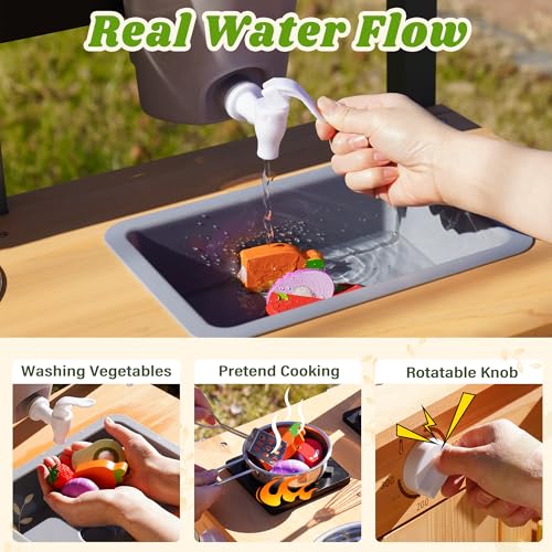Image of ROBOTIME Mud Kitchen for Kids Outdoor, Wood Outdoor Kitchen with Insect Observation Box & Planter Box, Toddler Play Kitchen with Removable Sink & Faucet, Pretend Outdoor Playset