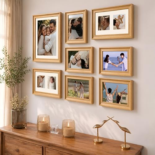 Image of Wooden Wall Collage Photo Frame Set of 8 for Wall Decor, Mixed Size Picture Frames for Family Photos, Gallery Wall Frame Set with Premium Finish for Living Room, Bedroom & Home Decorations (Wood Brown)