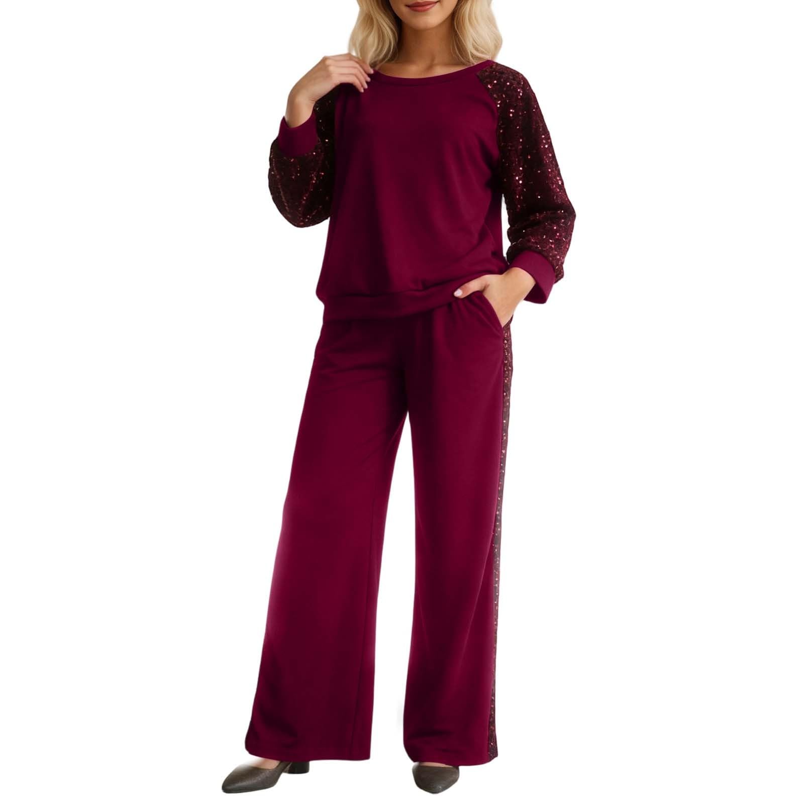 Damen-Strickoberteil mit Pailletten Rundhalsausschnitt sowie passender Hose als lässiges Zweiteiler-Set