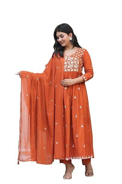 MF Hayat Women Pure Cotton Embroidery Work Angrakha Calf Length Kurti Pant And Dupatta Set