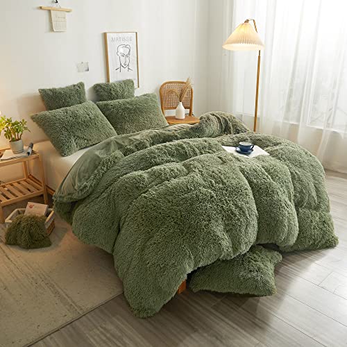 Image of XeGe Cozy Plush Shaggy Duvet Cover Luxury Soft Fluffy Furry Solid Color Boho Bedding for Girls Women Bedroom (1 Faux Fur Fuzzy Comforter Cover), Zipper Closure (Queen Size, Sage Green)