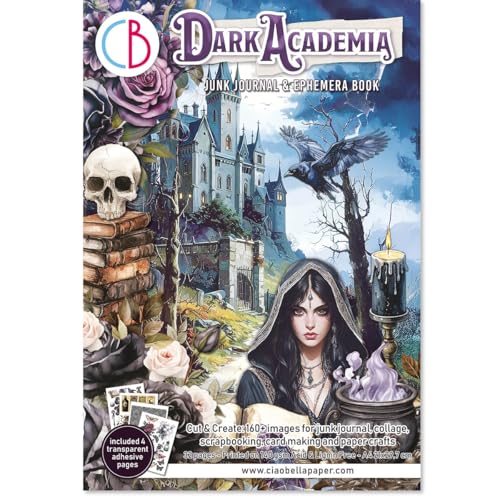 Ciao Bella Ephemera Book & Junk Journal para manualidades de papel, tarjetas, álbumes de recortes y collage, cartulina de 140 g/m² (Dark Academia)