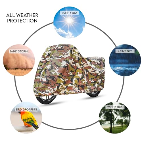 Image of Mototrance All Weather Protection Two Wheeler Cover for All Activa, Scooter, Scooty & Bikes Upto 150CC | Anti Dust, 100% Waterproof, Heat Resistant, Mirror Pocket Bike Body Cover | Arid Jungle Green