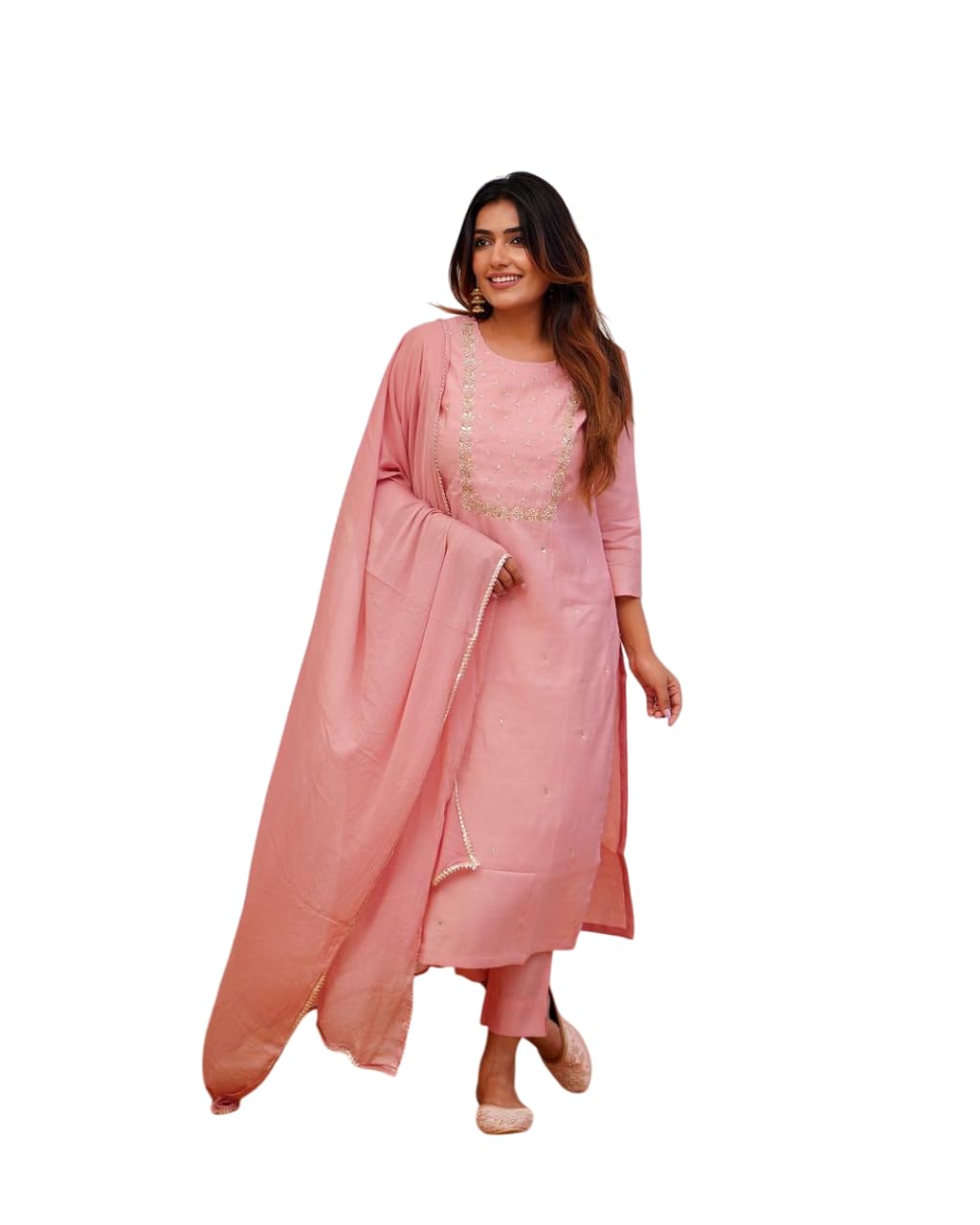Shiv Textiles Women's Chanderi Silk Embroidered Kurta Pant Dupatta Set(Jda-Pragati-Lightpink-Xl)