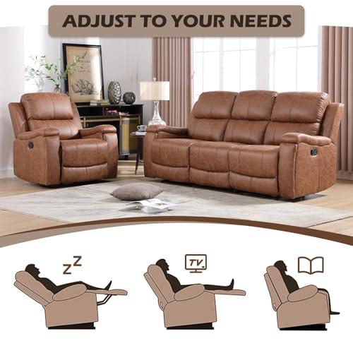 Image of CANMOV Faux Leather Manual Reclining Sofa Furniture Set, 2 Manual Recliner Chair and 3 Seat Recliner Sofa Couch Set for Living Room,Brown