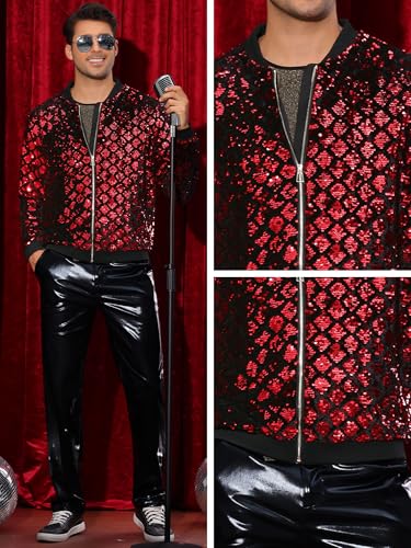 Image of Lars Amadeus Argyle Sequin Bomber Jacket for Men's Party Club Shiny Baseball Varsity Jacket