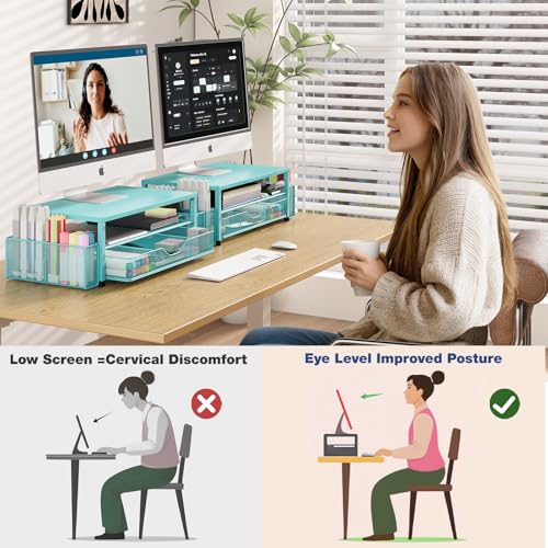 Image of OPNICE Desk Organizer and Accessories, 2-Tier Computer Monitor Stand Riser with Drawer and 2 Pen Holders, Laptop Stand, Office Desk Accessories for Office Supplies, 1 Pack, Teal Blue