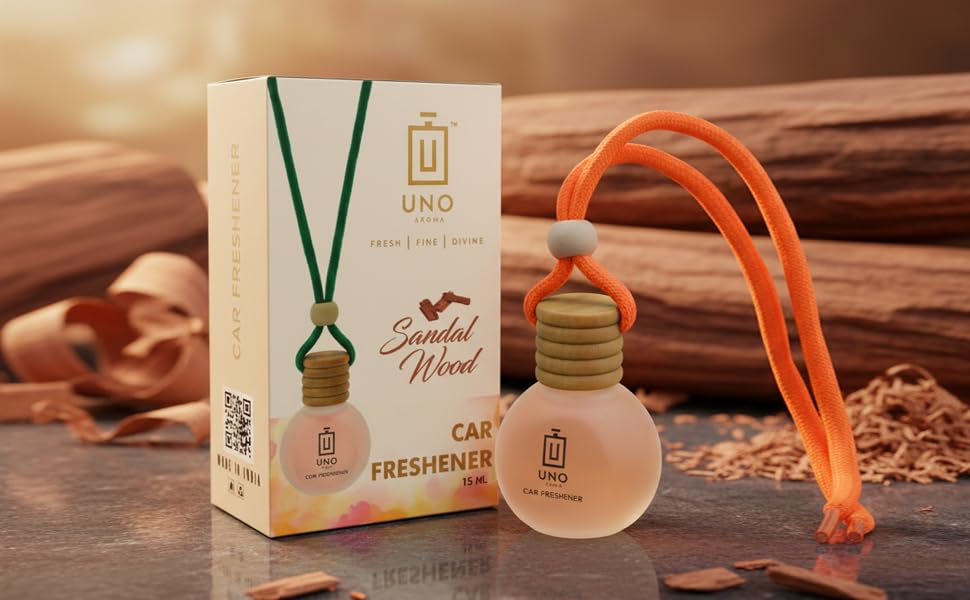 Image of UNOAROMA Sandal Wood Car Air Freshener, Long Lasting Hanging car perfume, Toxin-Free Oil in Glass Bottle with Wooden Diffuser, Car Accessories for fresh aroma, Last Upto-60 Days (15mlx2)