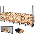 NEOCOZY 8FT Firewood Rack Outdoor with Cover, Heavy Duty Wood Holder with Log Carrier, Adjustable & Waterproof Log Holder Wood Storage Stand for Fireplace Patio Outdoor, Black