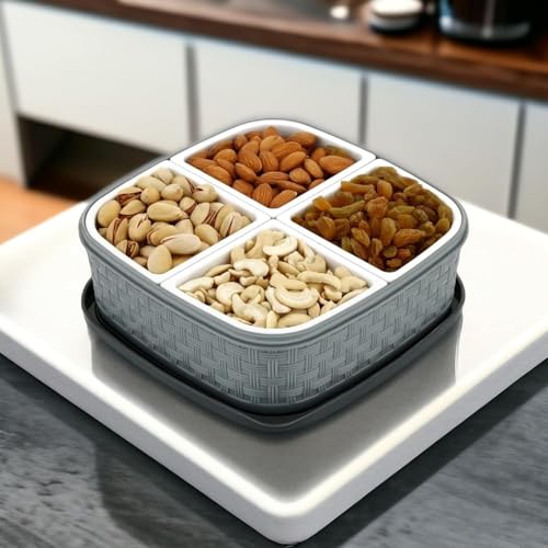 Image of Dry Fruit Storage Box with 4 Compartments | Airtight Multipurpose Snack Organizer | Plastic Dry Fruit Container with Lid | Kitchen Storage Box for Nuts, Spices, Snacks (18x18x6 cm)
