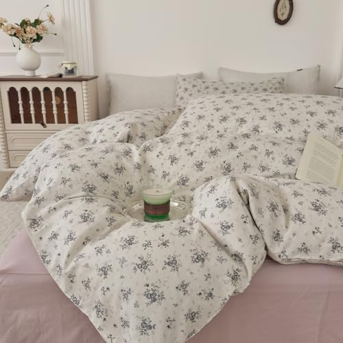Image of VM VOUGEMARKET King Size Double Layer Gauze Duvet Cover Set, Off-White Duvet Cover with Gray Floral Prints Bedding Set for Cottagecore Decor