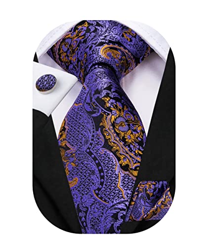 Hi-Tie Designer Paisley Purple And Gold Ties For Men Wedding Formal Silk Necktie And Handkerchief Cufflinks Set #TOP9