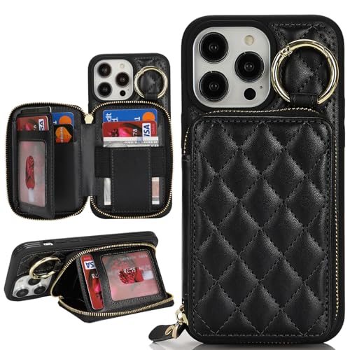 Hamany for iPhone 12 pro max Case Wallet with Card Holder for iPhone 12 pro max Phone case Wallet with Zipper with Slot Kickstand Stand Case for Women and Man 5G 6.7 Inch-Black