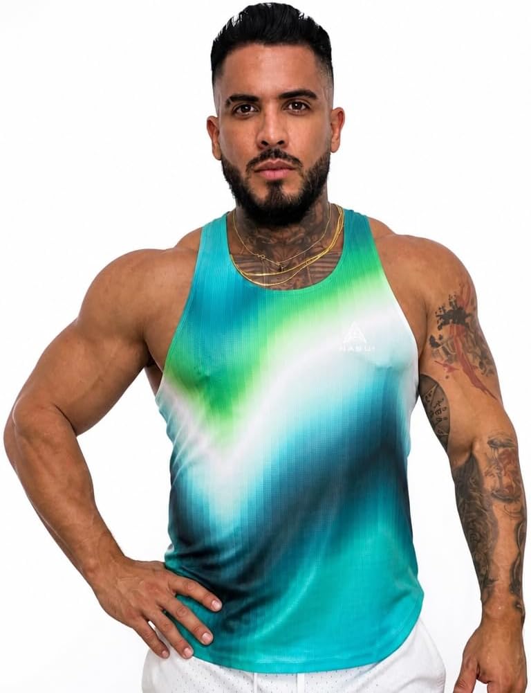 Men's Gradient Tie-Dye Tank Top, Teal Green Athletic Sleeveless