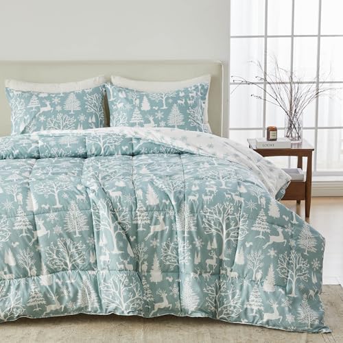 Great Bay Home Twin/Twin XL Size Christmas Comforter Set - 2-Piece Down Alternative Comforter and Sham Set - Reversible, Lightweight, Ultra-Soft Bedding Set (Enchanted Woods Blue)