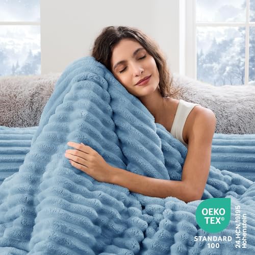 Image of Sasttie King Comforter Set 3 Pieces - Super Soft Fleece Comforters King Size, 1 Luxury Warm Fuzzy Marshmallow Comforter with 2 Pillow Cases, Faux Fur Down Alternative Bedding Set, Greyish Blue