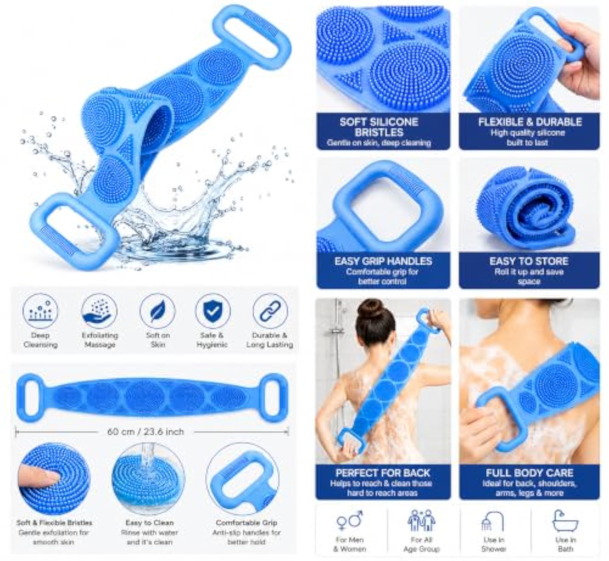 Silicone Back Scrubber for Bath, Double-Sided Body Exfoliating Bath Brush