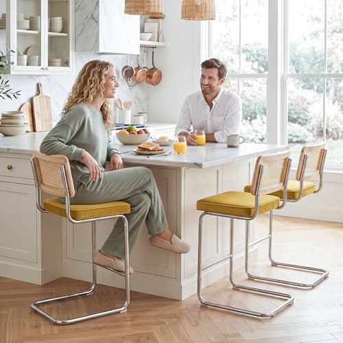 Image of Zesthouse Natural Rattan Counter Stools Set of 3, 26 inch Mid Century Modern Bar Stools with Solid Wood Frame & Chrome Base, Upholstered Velvet Counter Height Barstools for Kitchen Island, Yellow