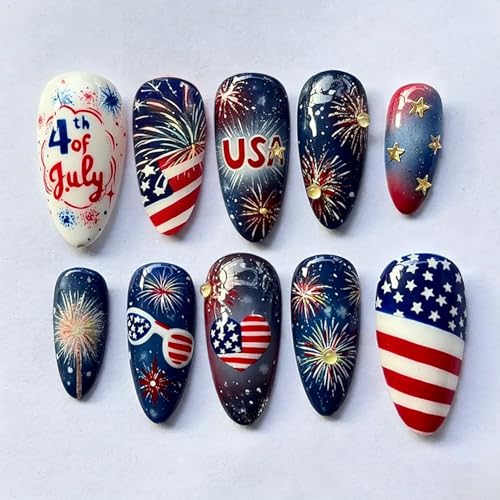 30Pcs 4th of July Press on Nails Medium Almond Fake Nails Red Blu...