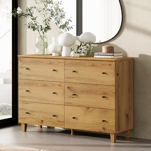 Image of WAMPAT Bedroom Dresser with 6 Drawers, Modern Chest of Drawers with Black Knobs, Wide Oak Brown Wood Finish Storage Organizer for Kids Room, Living Room, Nursery, 47.2x15.5x32.4