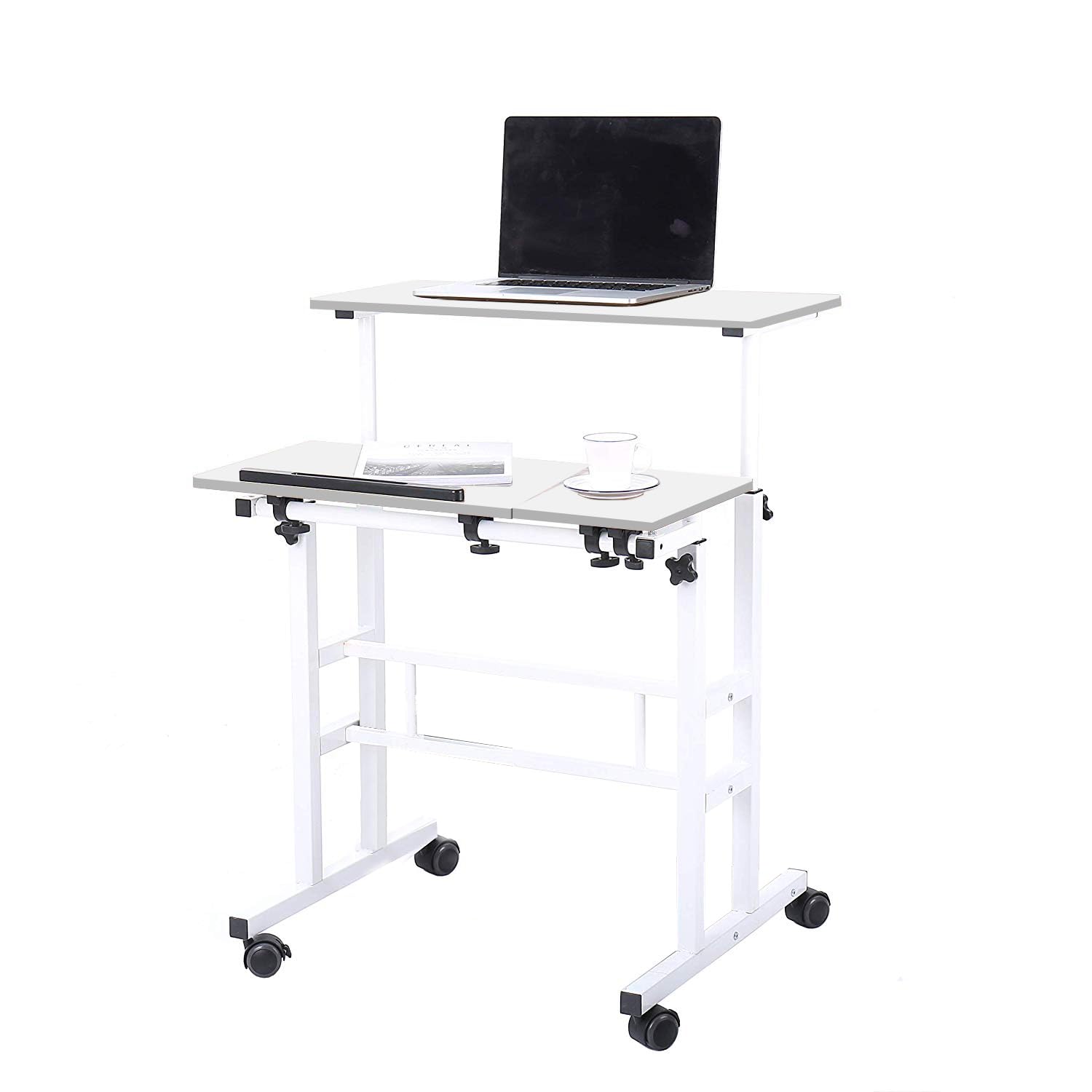 SogesPower Scrivania sollevabile, scrivania per computer, tavolo da ufficio, scrivania per computer divisa rimovibile, 80 x 60 x 67 ~ 115 cm, bianco
