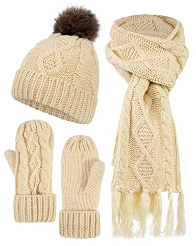 ANDORRA 3 in 1 Women Soft Warm Thick Cable Knitted Hat Scarf & Gloves Winter Set