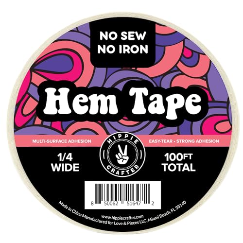 Image of HIPPIE CRAFTER Double Sided Hem Tape No Sew No Iron Sewing Tape for Hemming Curtains Fabric Pants Dress Clothes and More Thin with Strong Adhesive Removable 1 /4 Inch x 100FT