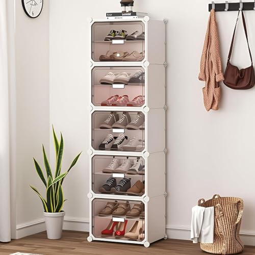 Image of Plastic Shoe Rack for Home | 10 Shelf DIY Shoe Rack with Door for Home Storage Plastic Box Organizer, Metal Door Frame, Chappal Slipper Sandals Stand (White, 10 Shelf)