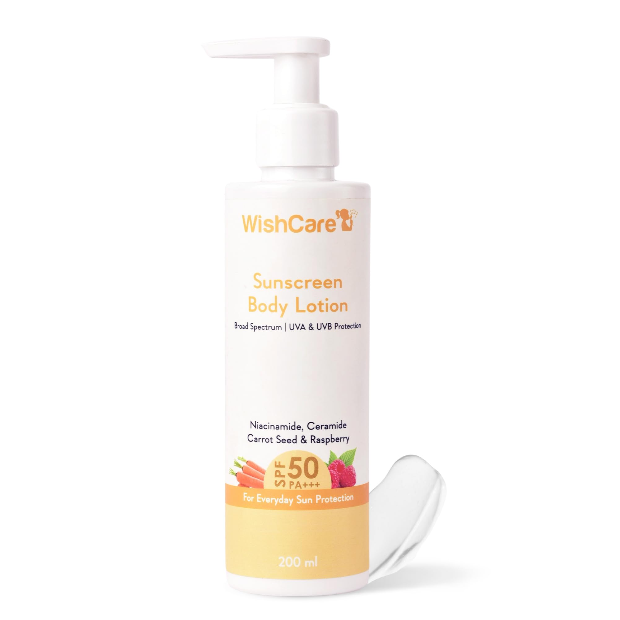 WishCare Sunscreen Body Lotion with SPF 50 PA+++ - Broad Spectrum UVA & UVB Protection, No White Cast, Enriched with Carrot Seed & Raspberry - Body Sunscreen Lotion 200ml