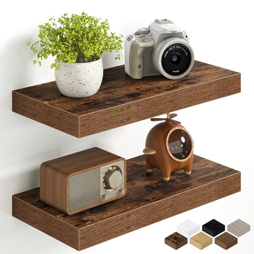 Image of Fun Memories 16Inch Floating Shelves for Wall, 8 Inch Deep Shelves for Bathroom|Bedroom|Kitchen Wall Mounted, Wood Hanging Shelf with Invisible Brackets for Home Storage Decor, Rustic Brown - 2 Pack