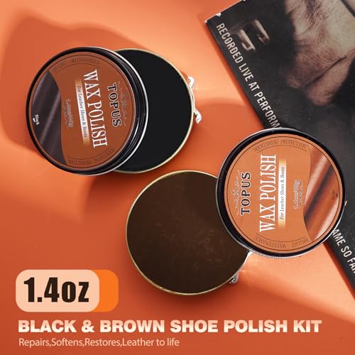 TOPUS Shoe Polish Kit Include 3 Pieces Horsehair Shoe Brushes in 6.7IN Handle, 1.4oz Black & Brown Shoe Polish & Shine Cloths2