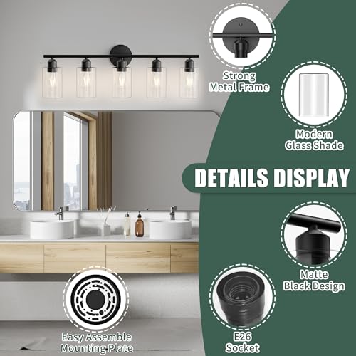 Image of Bathroom Vanity Light Fixtures Matte Black Bathroom Lighting Fixture, 5 Lights Bathroom Light Fixture Over Mirror, Modern Black Vanity Light, Wall Sconces with Glass Shades