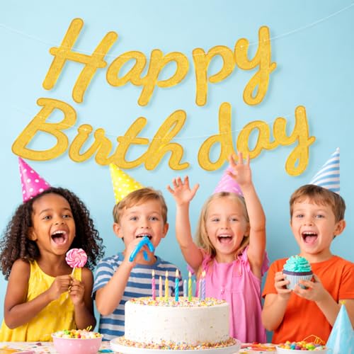 Image of Rozi Decoration Glitter Happy Birthday Banner for Party Decorations | Elegant Cursive Bunting | Reusable Hanging Background for All Ages | Golden Cursive Birthday Banner Sparkle Decor Pack of 1 Set