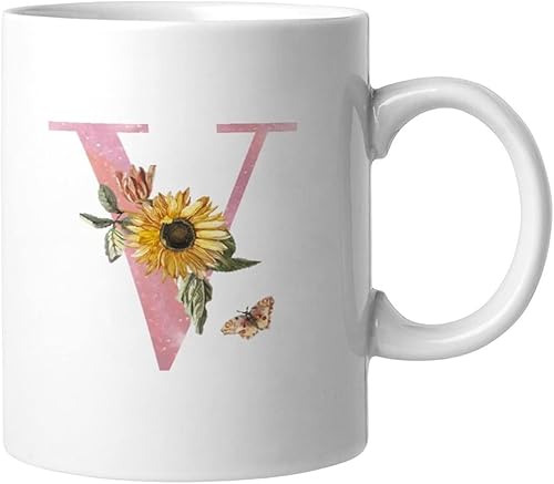 Taza de café de cerámica blanca divertida de Navidad 11 onzas girasol rosa letra V monograma del alfabeto taza de café té humorístico taza de jugo