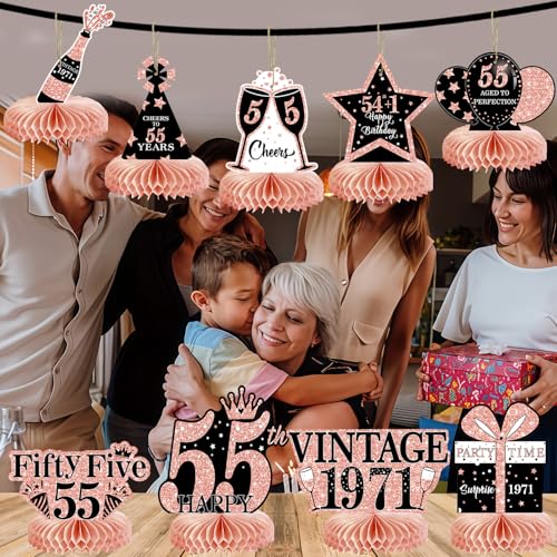 Image of 9Pcs 55th Birthday Decorations Honeycomb Centerpieces for Women, Rose Gold Pink Happy 55th Birthday Centerpieces Tables Toppers Party Decorations Supplies, Vintage 1971 Aged Table Sign Decor