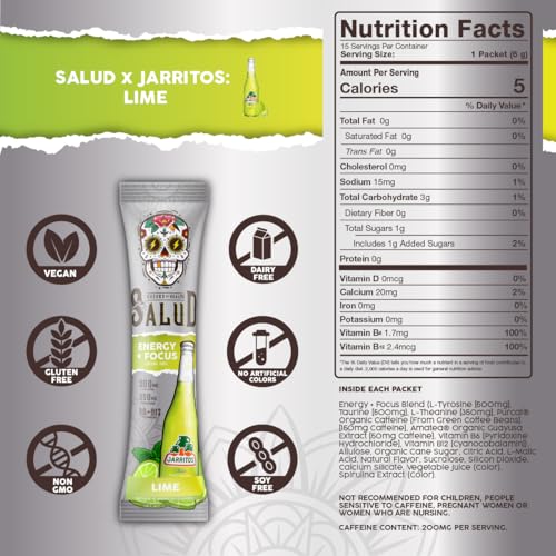 Image of Salud x Jarritos 2-in-1 Energy Drink Powder + Focus, Lime, Organic Caffeine, B6 + B12, Theanine, Clean Energy Drink Packets, Limon Agua Fresca Mix, Non-GMO, Gluten Free, 1g of Sugar, (15 Servings)