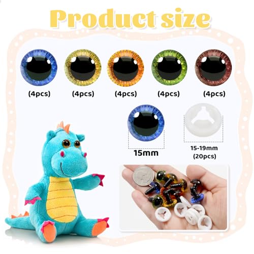 TOAOB 20 Sets Safety Eyes 15mm Coloured Crochet Eyes Amigurumi Plastic Animals Doll Eye 5 Colors with Washers for Crochet Craft Puppet Making - Image 2