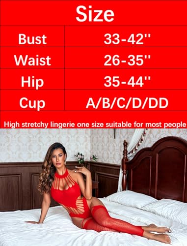 Image of GirlFriend Hot Women's Lingerie Set - Lace Babydoll Outfits 1 Piece Fishnet Bodysuit with attached Mini Skirt with Stockings Babydoll