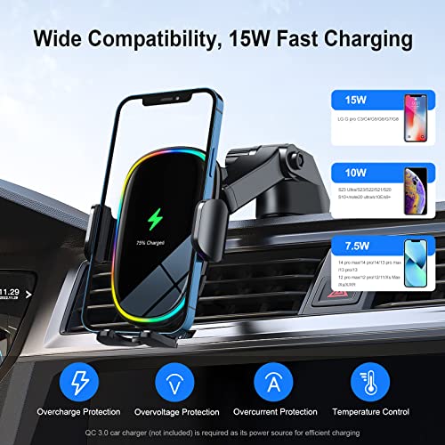 Wireless Car Charger Mount, Soarun [Unique 7 Colors Led Dynamic Backlit] 15W Wireless Fast Charging Car Phone Holder, Auto-Clamping Wireless Car Charger For Iphone 14 Pro 13 12, Samsung S23 Ultra S22 #TOP1