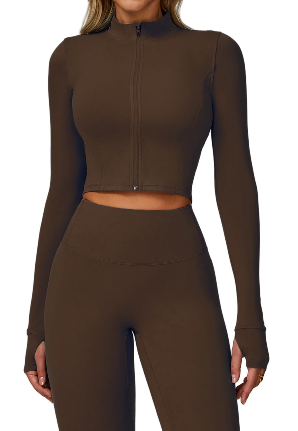 Yknktstc Womens Full Zip Athletic Jacket with Thumbhole Long Sleeve Crop Top Running Workout Yoga Sportswear Shirt