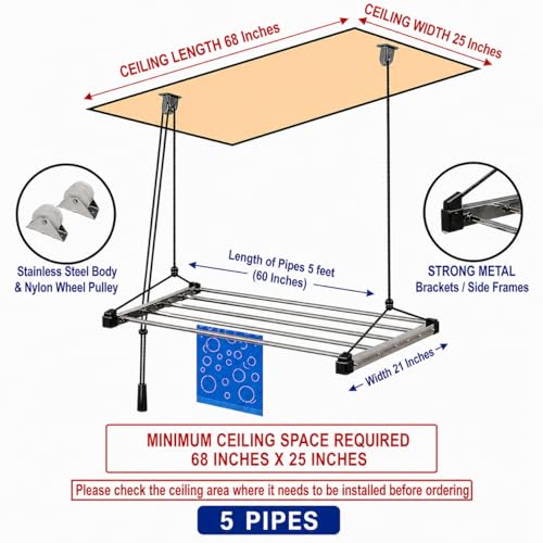 Image of Purnima Marketing PM Heavy Duty Stainless Steel (5 Pipe X 5 Feet) ECODRY Model with UV Protected Nylon Rope Ceiling Cloth Dryer | Cloth Drying Stand for Balcony | Clothes Stand for Drying