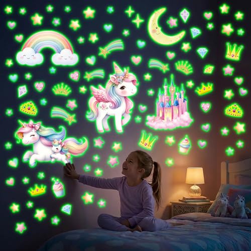 DECOWALL Glow in the Dark Unicorn Rainbow Wall Decals – Pastel Princess Stickers for Girls’ Bedroom & Nursery Décor (GDS4-8089)