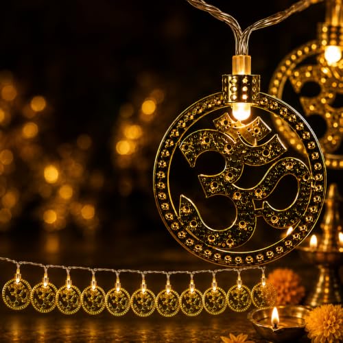 Image of MoonlitDreams Om LED String Lights, 3 Meter Metallic 3D Om Pendant Decorative Lights, Warm White Fairy Lights for Pooja Room, Mandir, Diwali & Festive Home Decoration (Plug-in)