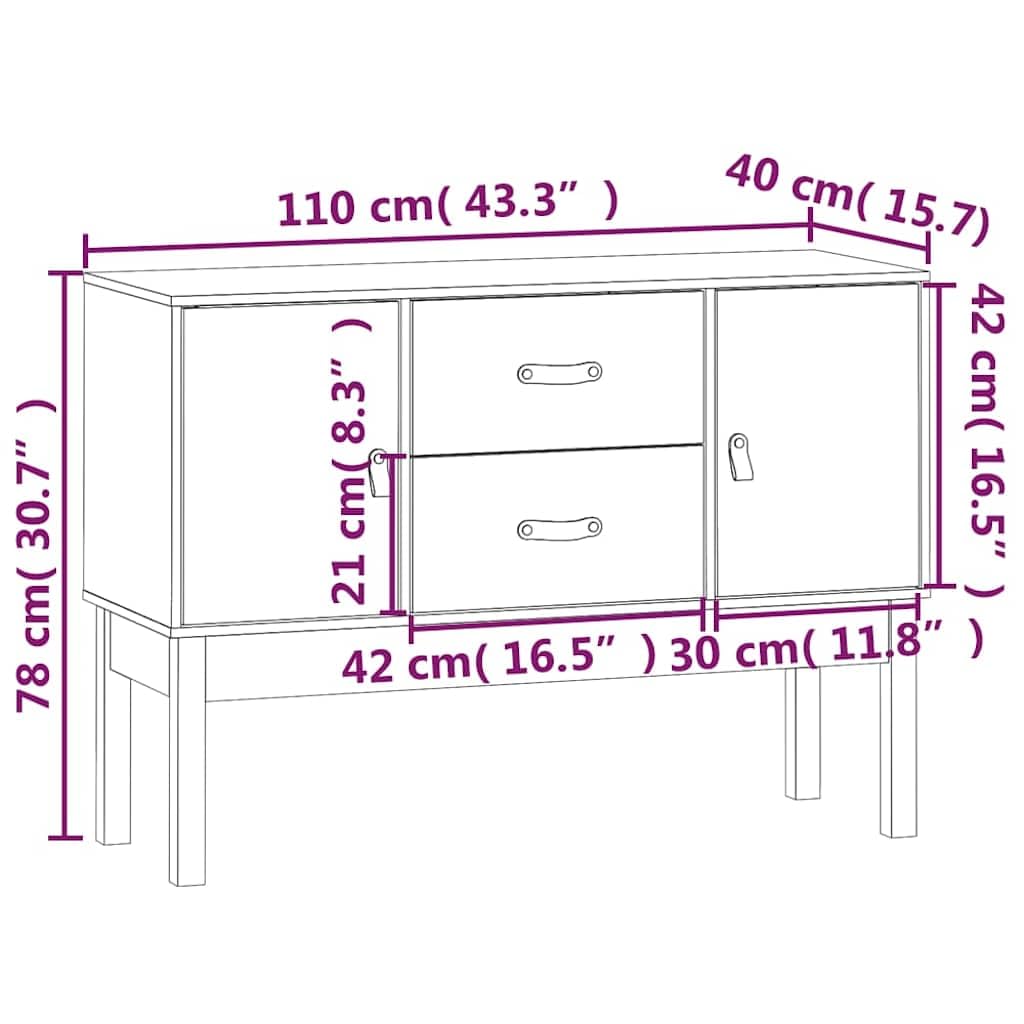 Credenza bianca, 110 x 40 x 78 cm, in legno massello di pino