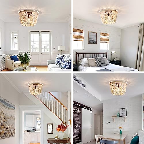 Dikaida Boho Wood Beaded Chandelier, Semi Flush Mount Ceiling Light, 3-Light Oak White Finish Mini Chandelier For Bedroom, Boho Farmhouse Light For Hallway Baby's Nursery Bedroom Kitchen Living Room #TOP6