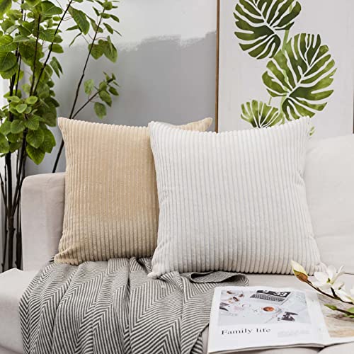 Juspurbet Cream White Throw Pillow Covers 16X16 Set Of 2 With Zipper,Corduroy Decorative Soft Pillow Covers For Sofa Couch Bed,Solid Striped Cushion Case #TOP1
