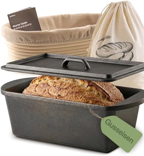 Praknu Gusseisen Topf Brot Backen – Brotbackform – Dutch Oven mit Deckel | Schwerer Guss für knuspriges Brot, 3 L Volumen, inkl. Gärkorb & Brotbeutel, Brotbackform für den Ofen